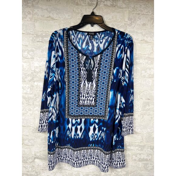 Jones New York Womens 2X Blue & White Printed Tunic Top With Tassel Tie Neckline - Picture 2 of 16